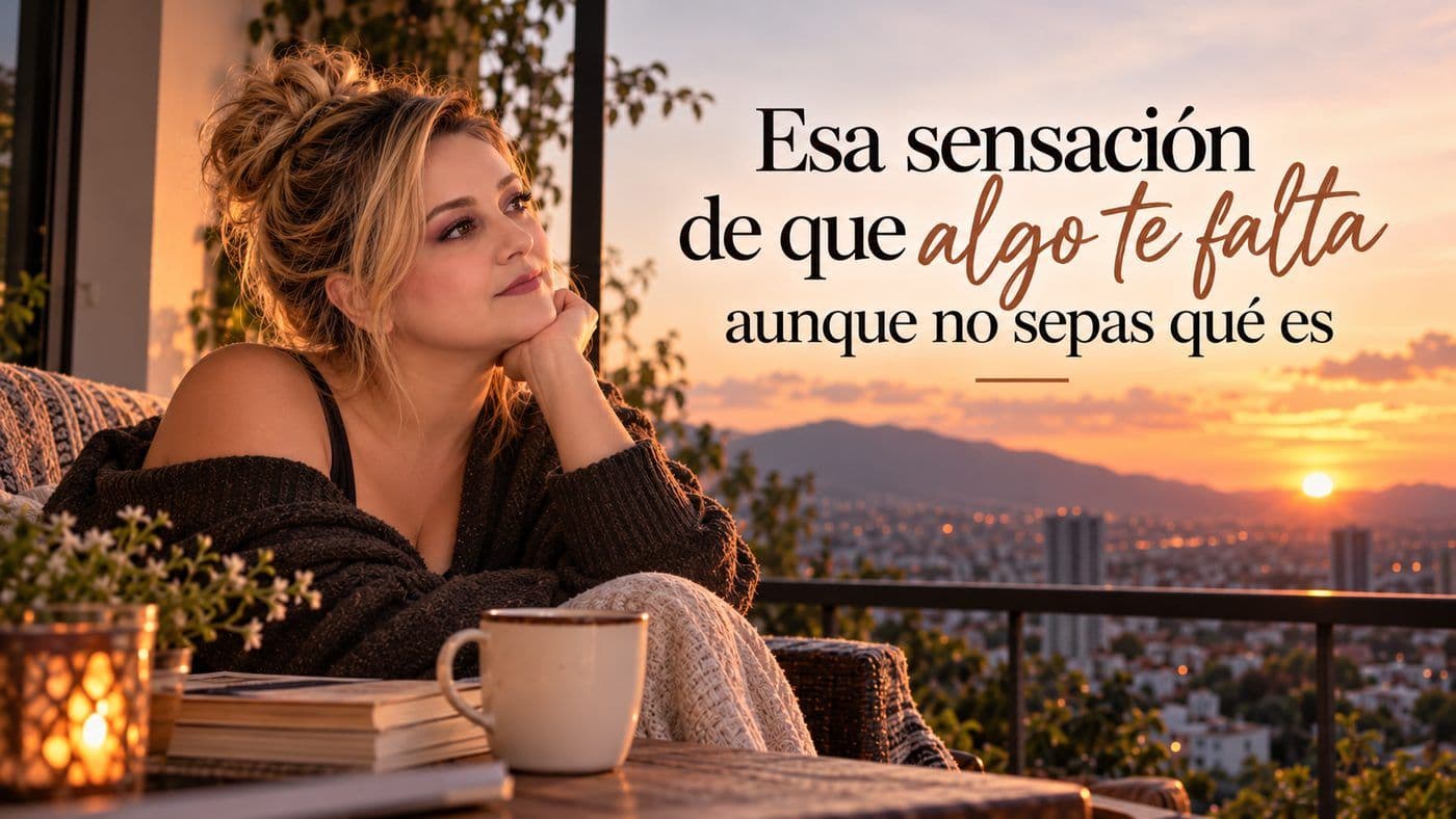 Yenny Astrid Londoño en una terraza al atardecer, junto a la frase «Esa sensación de que algo te falta aunque no sepas qué es»