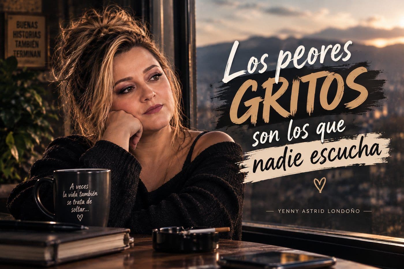 Yenny Astrid Londoño mirando por la ventana al atardecer, junto a la frase «Los peores gritos son los que nadie escucha»
