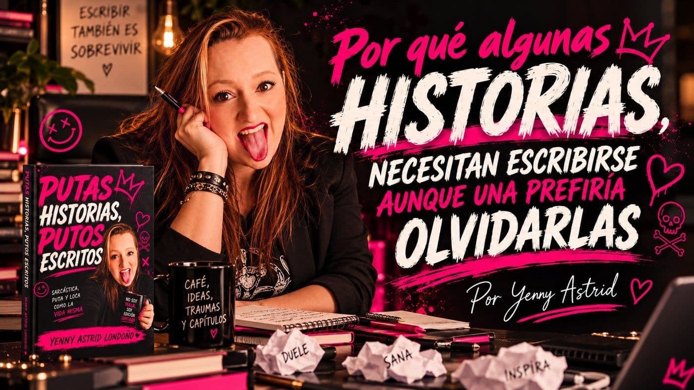 Yenny Astrid con el libro Putas historias, putos escritos y la frase sobre historias que necesitan escribirse aunque una preferiría olvidarlas