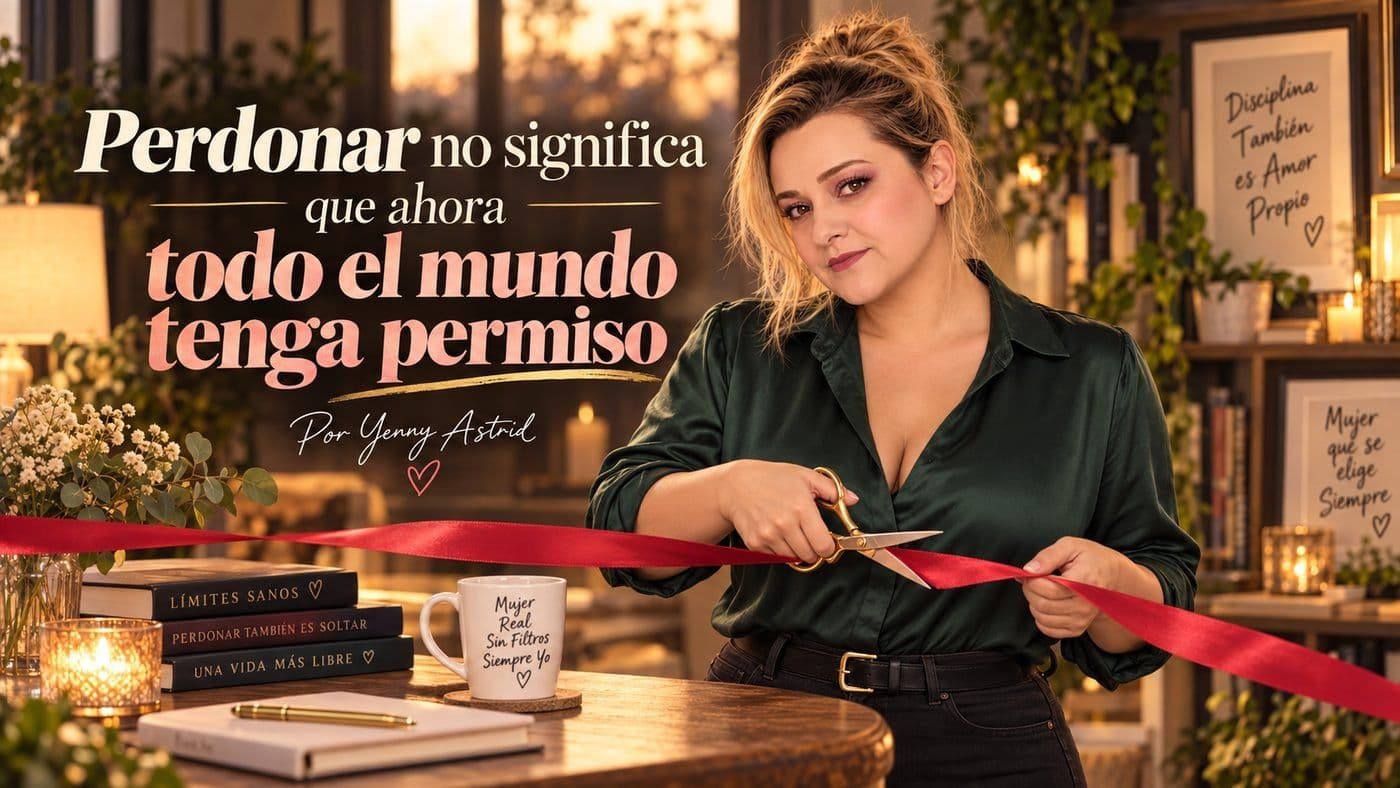 Yenny Astrid Londoño cortando una cinta roja, junto a la frase «Perdonar no significa que ahora todo el mundo tenga permiso»