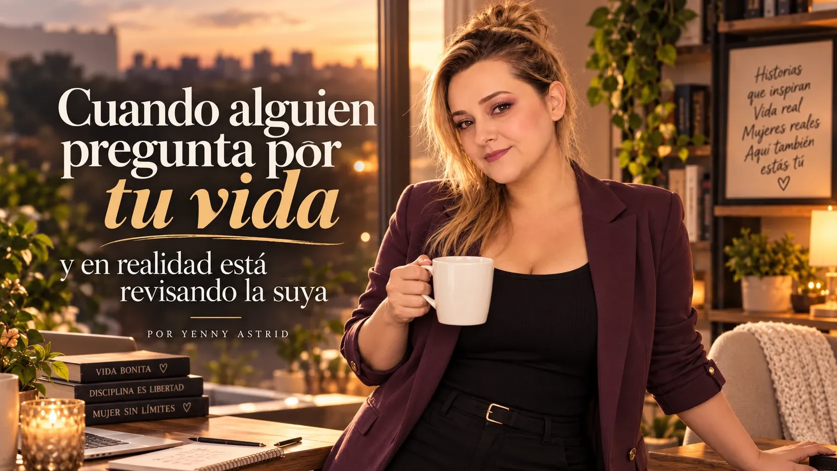 Yenny Astrid Londoño con una taza de café junto a una ventana al atardecer, con el título: Cuando alguien pregunta por tu vida y en realidad está revisando la suya
