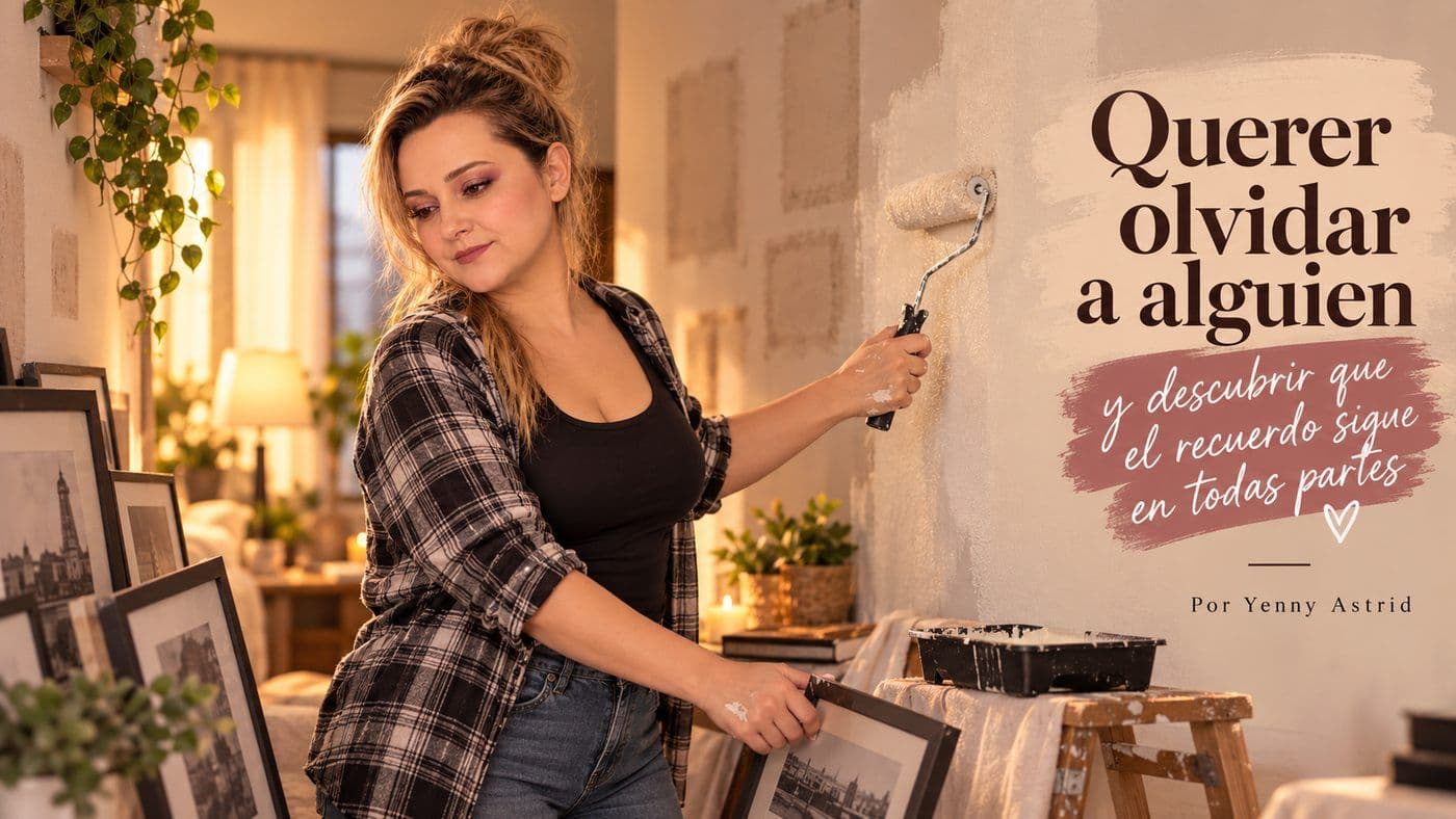 Yenny Astrid Londoño pintando una pared y retirando cuadros, junto a la frase «Querer olvidar a alguien y descubrir que el recuerdo sigue en todas partes»